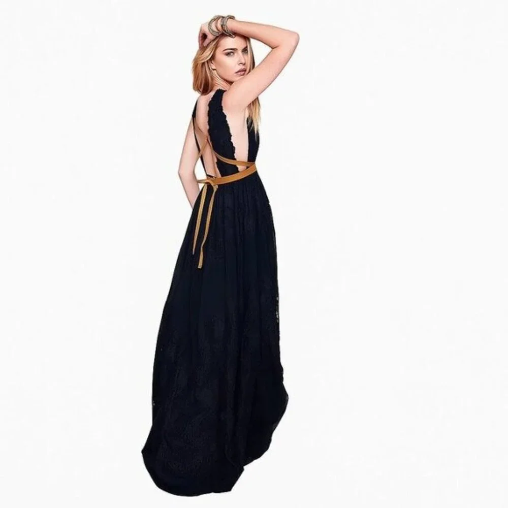 FREE PEOPLE Princapesa Black‎ Lace Open Back Maxi Gown Dress Size 2